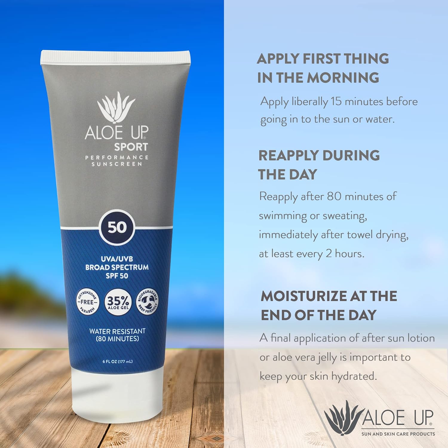 Aloe Up Sport Sunscreen Lotion SPF 50 - Broad Spectrum UVA/UVB Sunscreen Protector for Face and Body - With Hydrating Aloe Vera Gel - Non-Greasy - No White Cast - Reef Safe - Fragrance-Free - 6 Oz. : Beauty & Personal Care