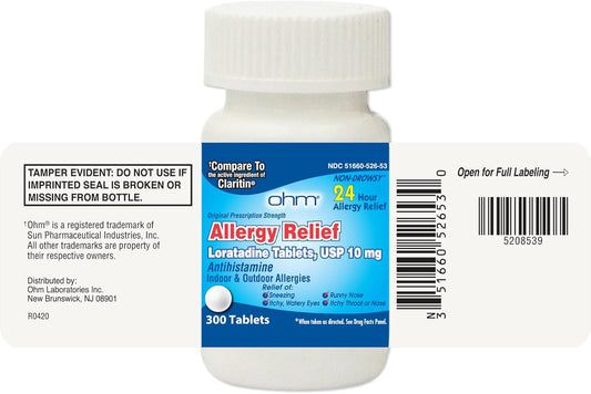 Ohm 24 Hour Loratadine Allergy Relief Tablets, 10Mg - 300 Count | Non-Drowsy Allergy Pills, Medicine Original Prescription Strenght : Health & Household