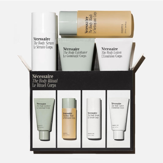 Nécessaire The Body Ritual Set. 4 X Travel-Size. Smooth, Replenish, Firm, Hydrate With Aha/Bha/Pha, Hyaluronic Acid, Peptides, Niacinamide. Dermatologist-Tested. Hypoallergenic. Non-Comedogenic