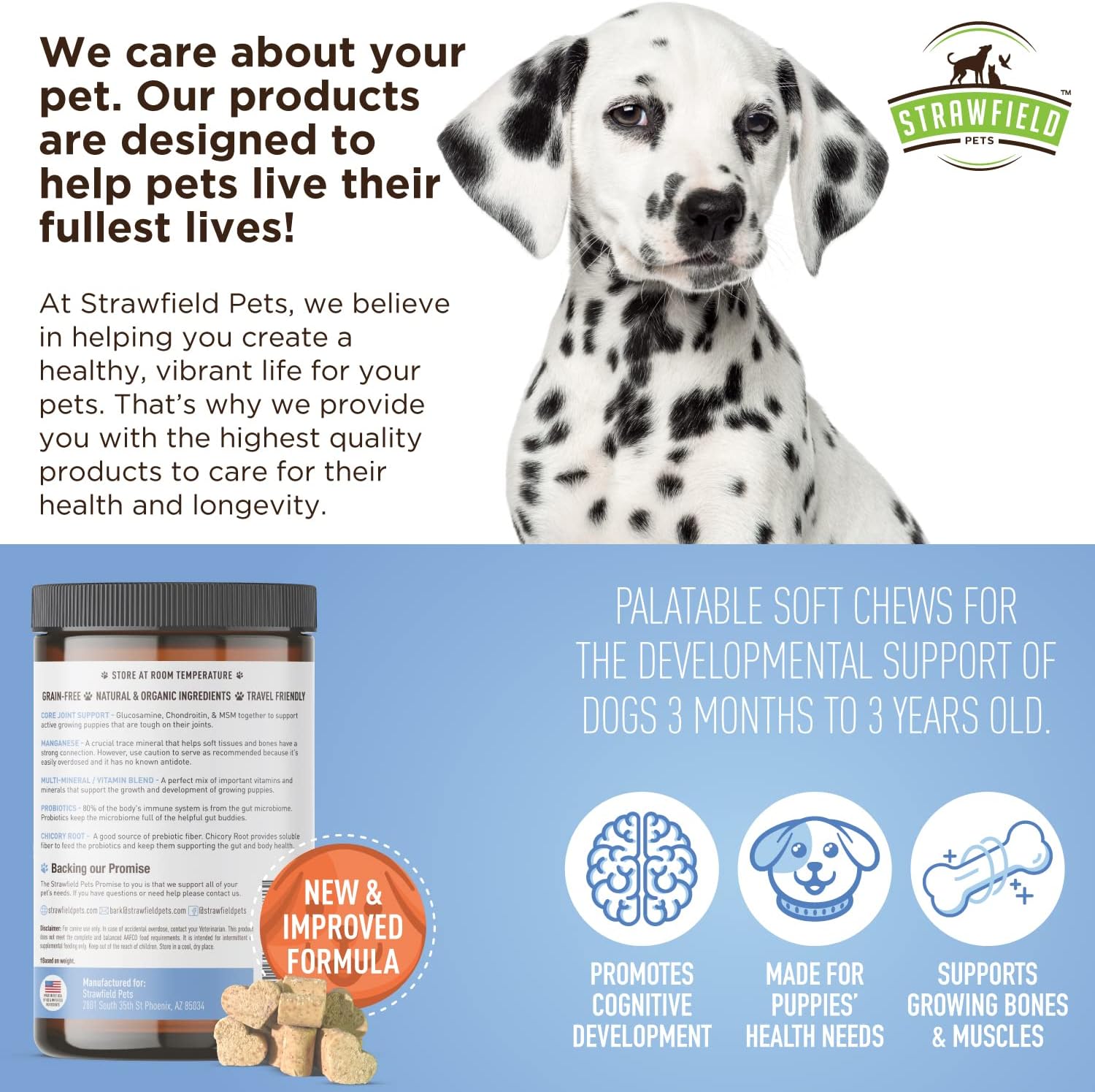 Strawfield Pets Puppy Multivitamin + Probiotics for Dogs Puppy Vitamins with Joint Support Supplement for Dogs & Puppies Peanut Butter Flavor 120 Crumbly Soft Chews : Pet Supplies