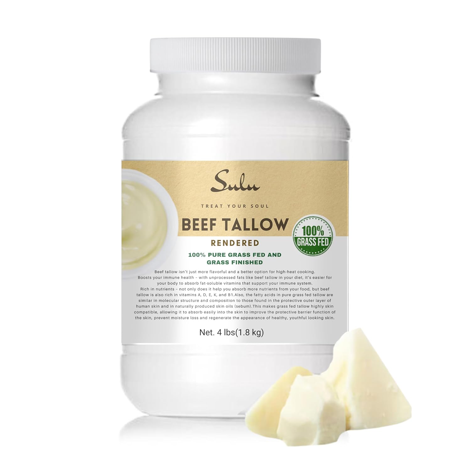Sulu 100% Pure Rendered Grass Fed Beef Tallow-Food Grade- 4 Lbs/64 Oz