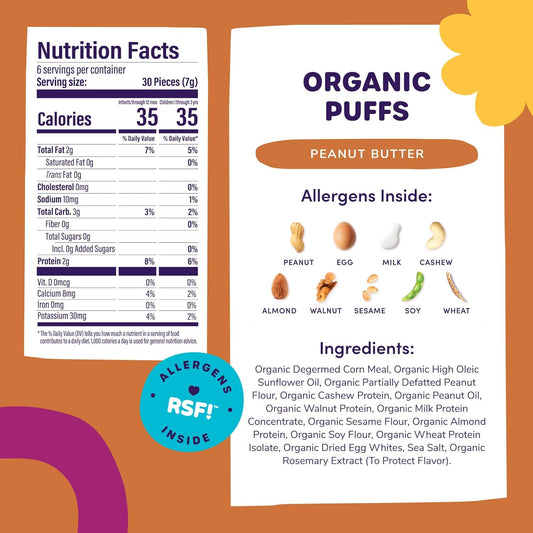 Organic Puffs - Early Allergen Introduction Snack Puffs W/ 9 Top Allergens: Organic Peanuts, Cashew, Egg & More By Ready Set Food, No Added Sugar, Babies 8+ Months, Peanut Butter 3-Pack