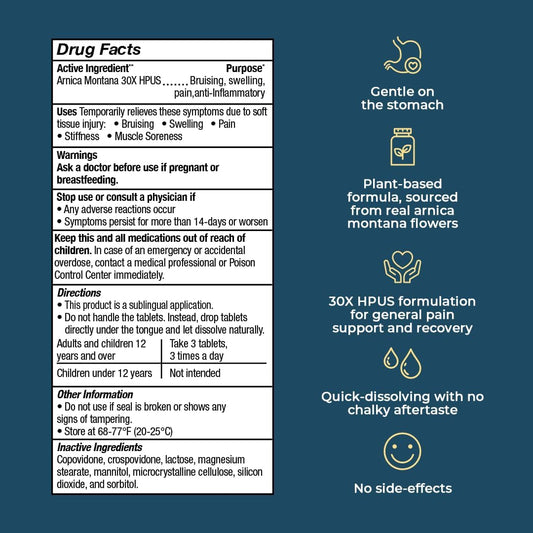 Vitamedica Arnica Montana 30X Rapid Dissolve Arnica Tablets For Natural Pain, Bruising, And Swelling Support - Homeopathic Medicine For Injury And Surgery Recovery - 150 Ct - 50 Servings