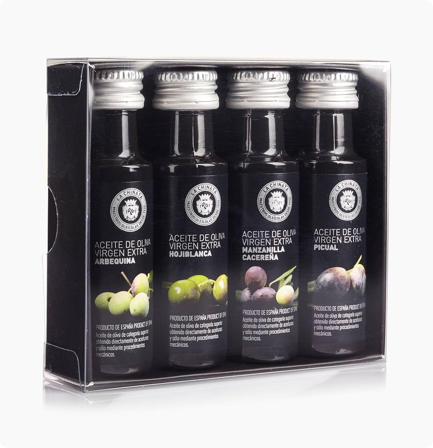 La Chinata Box Tasting Mini Extra Virgin Olive Oil – Tasting Case With 4 Varieties: Hojiblanca, Arbequina, Picual, Chamomile | Gourmet Pack Ideal For Gifting | Evoo Tasting | 4X25 Ml