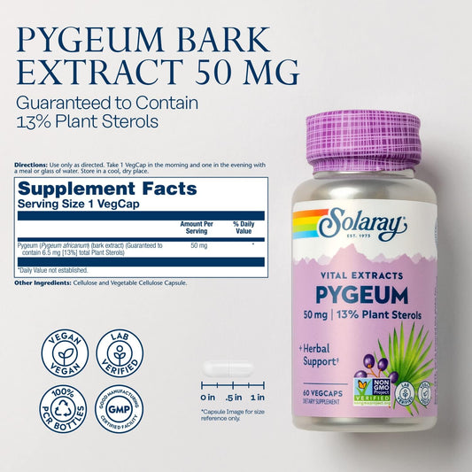 Solaray Pygeum Bark Extract 50Mg - Pygeum Supplement For Prostate Health Support - Guaranteed To Contain 6.5Mg Plant Sterols Like Beta Sitosterol, Non-Gmo, Vegan, 60-Day Guarantee, 60 Serv, 60 Vegcaps