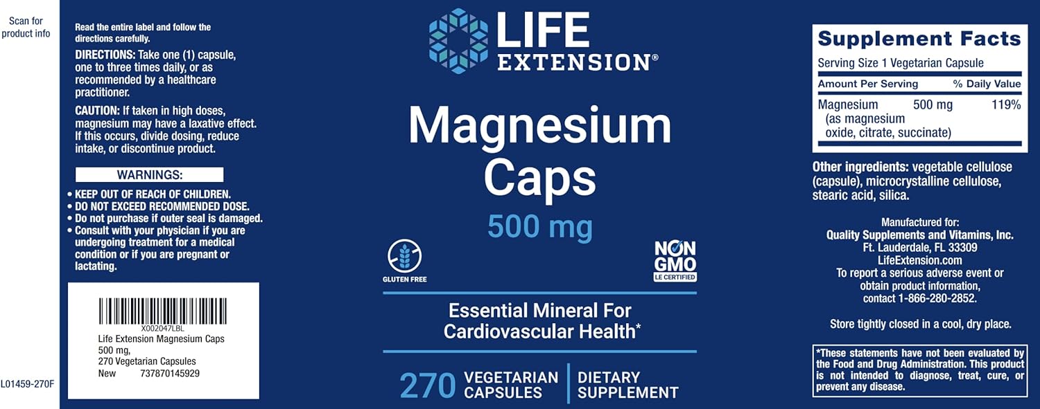 Life Extension Magnesium Caps 500mg, 270 Veg Capsules - Broad Spectrum - 3 Mags in 1 Supplement: Oxide, Citrate, Succinate - Vegetarian