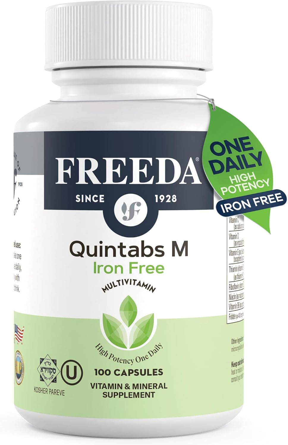 Freeda One Daily Multivitamin Without Iron – Quintabs-M Iron-Free – Kosher, Balanced Multivitamin Supplements For Adults, Men & Women'S Health Complete Multivitamins (100 Capsules)