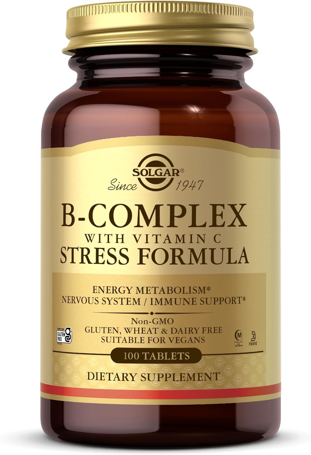 Solgar B-Complex with Vitamin C Stress Formula, 100 Tablets - Energy Metabolism - Nervous System & Immune Support - Non-GMO, Vegan, Gluten Free, Dairy Free, Kosher, Halal - 50 Servings