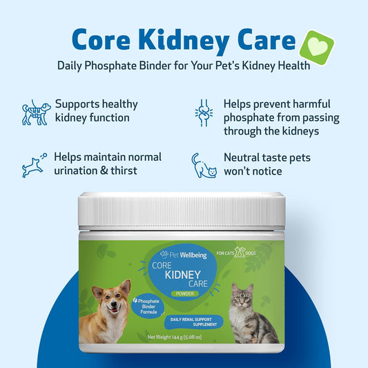 Pet Wellbeing Core Kidney Care For Cats & Dogs - Daily Phosphate Binder With Fos, Chitosan, Probiotics, Reishi - Vet-Formulated - 5.08 Oz (144 G) Powder