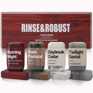 Rinse & Robust Men'S Luxury Bar Soap 4-Pack - Charcoal & Clove Oil Scent | 4-In-1 Exfoliating & Hydrating For Body, Face, Hands | Fathers Day Gifts(5.3 Oz Each)
