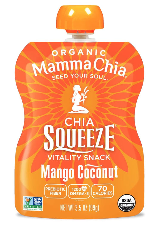 Mamma Chia Organic Vitality Squeeze Snack, Mango Coconut, 16- 3.5 Ounce Chia Vitality Snacks, USDA Organic, Non-GMO, Vegan, Gluten Free, and Kosher. Fruit and Vegetables with only 70 Calories