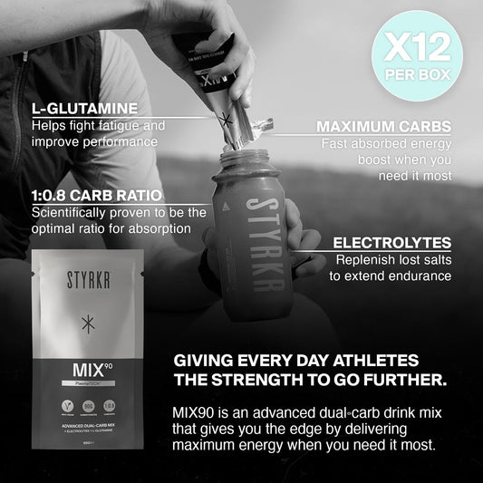 Energy Powder Drink Mix By Styrkr - Pack Of 12 Energy Powder Sachets For Cycling & Running - Approved By Endurance Atheletes - 90G Of Carbs Via Advanced Dual-Carb Formulation - Mix90 12X Pack