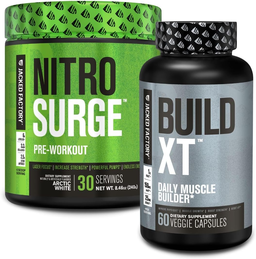 Jacked Factory Nitrosurge Pre-Workout In Arctic White & Build Xt Muscle Building Bundle For Men & Women