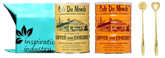 Cafe Du Monde Ground Original French Chocolate-like Coffee and Decaffeinated Coffee and Chicory Combination Set 2 PACKS with 2 Inspirational Industry Stainless Steel Mixing Stirring Spoon