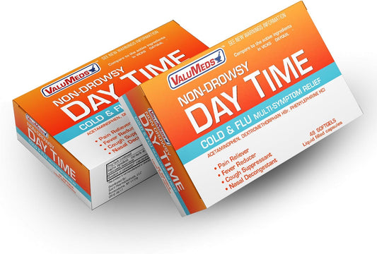 ValuMeds Daytime Cold & Flu Medicine for Adults | Multi-Symptom Relief for Severe Congestion, Headache, Sore Throat, Aches and Pains, Fever | Compare to Dayquil (Daytime, 48 Count)