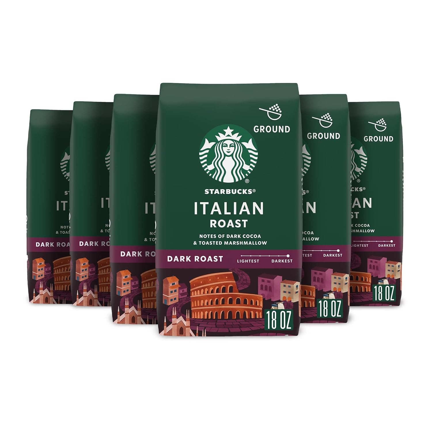 Starbucks Italian Dark Roast Ground Coffee, 18 Ounce (Pack of 6)