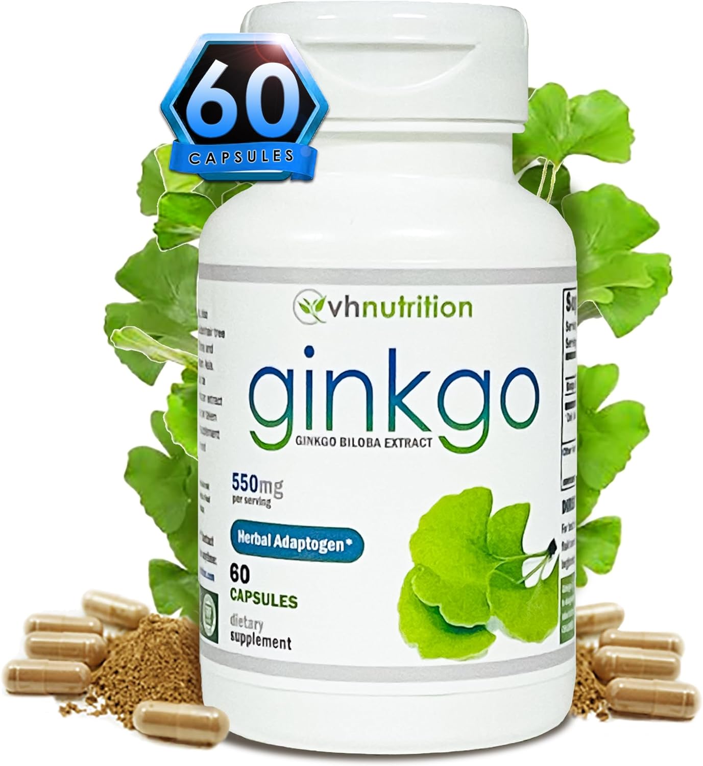 VH Nutrition GINKGO BILOBA | 550mg Standardized Extract Supplements | Cognitive and Memory Support* | 60 Capsules