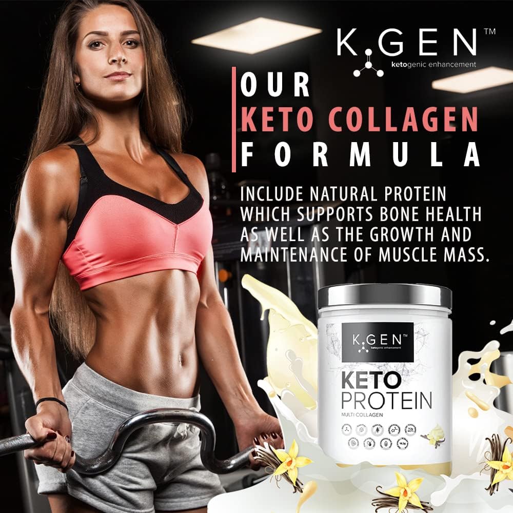 K-GEN Keto Collagen Protein Powder Natural Vanilla Multi Collagen Blend with Coconut MCT Oil, Vitamin C + B6, Stevia | UK Made for Diet, Fat Loss | Low Carb, Zero Gluten & Sugar