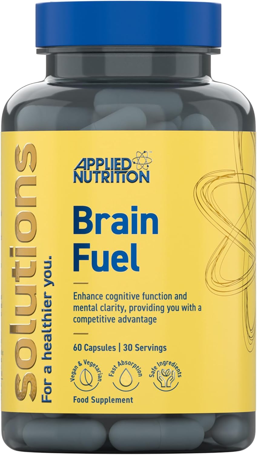 Applied Nutrition - Solutions - Brain Fuel - Capsules With Nootropics, Vitamins, & Panax Ginseng - Best Focus Booster - Enhances Mental Performance - (60 Capsules – 30 Servings)