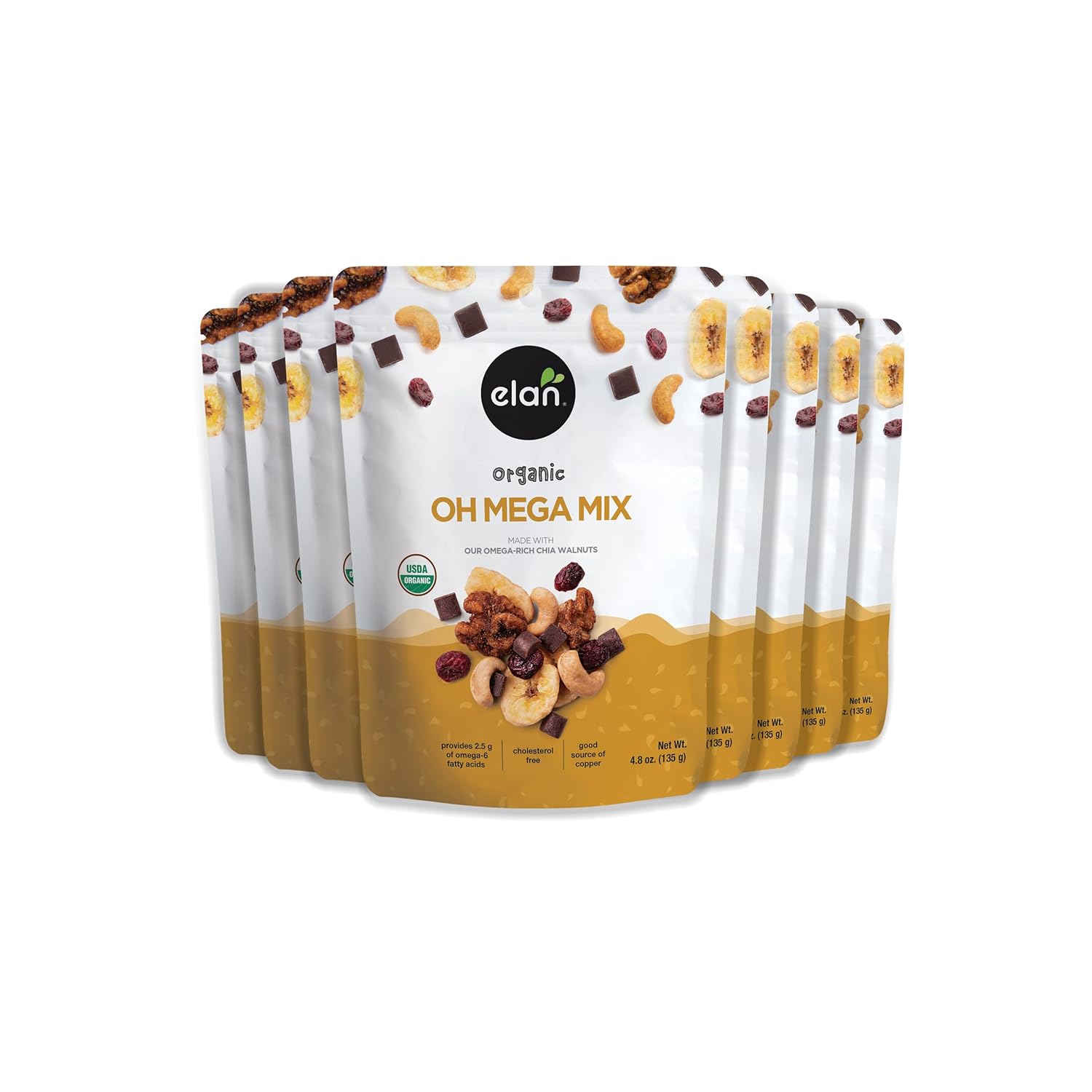 Elan Organic Oh Mega Mix, Vegan Dark Chocolate, Dried Fruits (Cranberries & Banana Chips), Nuts (Chia Walnuts & Roasted Cashews), Non-GMO, Gluten-Free, Vegan, Guilt-Free Snacks, 8 pack of 4.8 oz