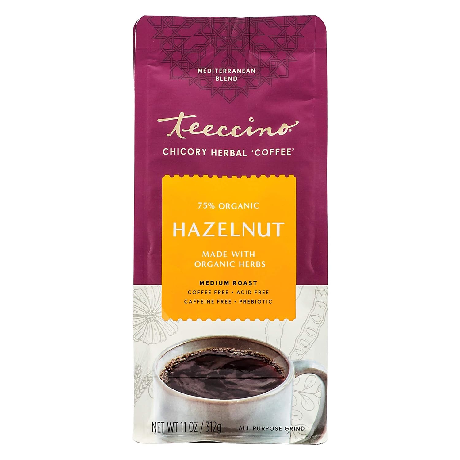 Teeccino Hazelnut Chicory Coffee Alternative - Ground Herbal Coffee That’S Prebiotic, Caffeine Free & Acid Free, Medium Roast, 11 Ounce