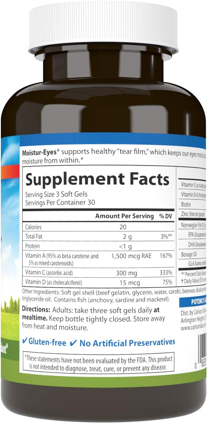 Carlson - Moistur-Eyes, Specialty Eye Formula, Promotes & Maintains Normal Eye Moisture, 90 Softgels