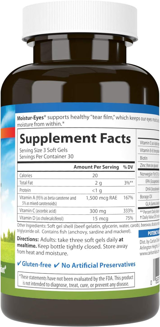 Carlson - Moistur-Eyes, Specialty Eye Formula, Promotes & Maintains Normal Eye Moisture, 90 Softgels