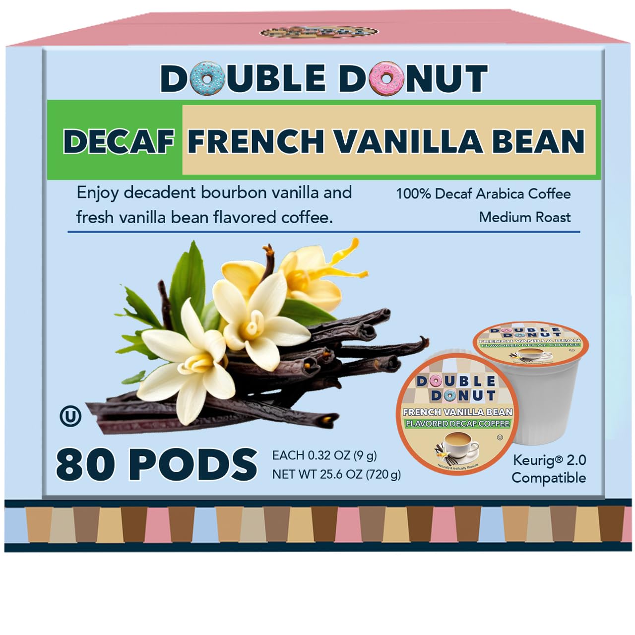 Double Donut Decaf French Vanilla Coffee Pods, Medium Roast Single Serve French Vanilla Bean Decaf Flavored Coffee Pods For Keurig K Cup Brewers, 80 Count