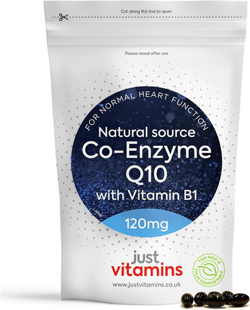 Co-Enzyme Q10 (CoQ10) 120mg with Vitamin B1-90 Capsules | 3 Month Supply 100% Pure Co Q10 Premium Naturally Fermented & Oil Encapsulated for High Absorption - UK Made