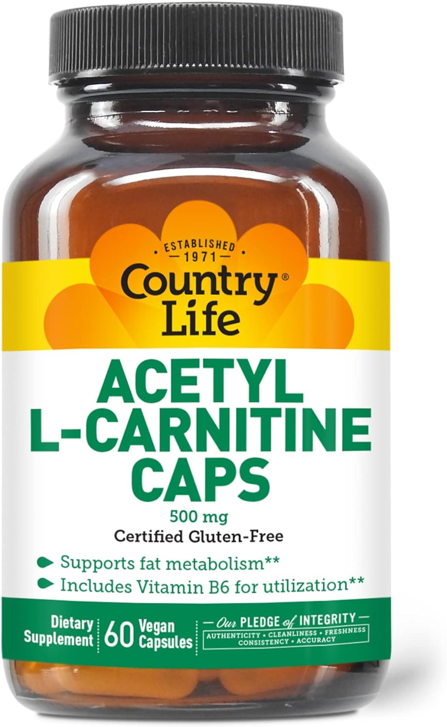 Country Life Acetyl L-Carnitine Caps with Vitamin B-6 to aid in Utilization, 500mg, 60 Vegan Capsules, Certified Gluten Free, Certified Vegan, Certified Halal