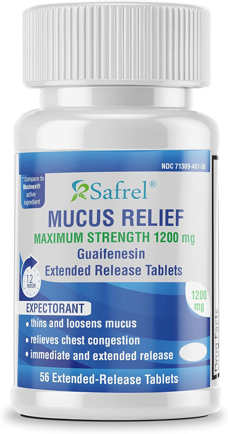 Safrel Mucus Relief Guaifenesin 1200mg – 56 Comprimés Libération Prolongée 12h, Expectorant Antitoux