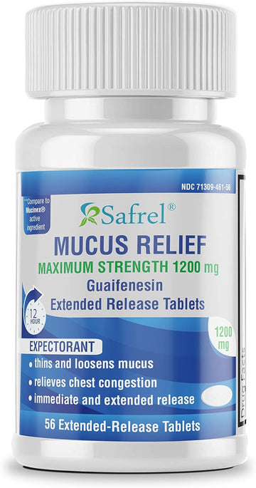 Safrel Mucus Relief Guaifenesin 1200mg – 56 Comprimés Libération Prolongée 12h, Expectorant Antitoux