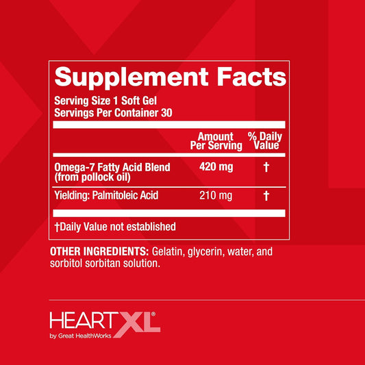 HeartXL High Potency Omega-7 Blend Cardiovascular Health Support - Promotes Healthy Metabolism - Gluten-Free Heart Health Supplement - 30 Soft Gels