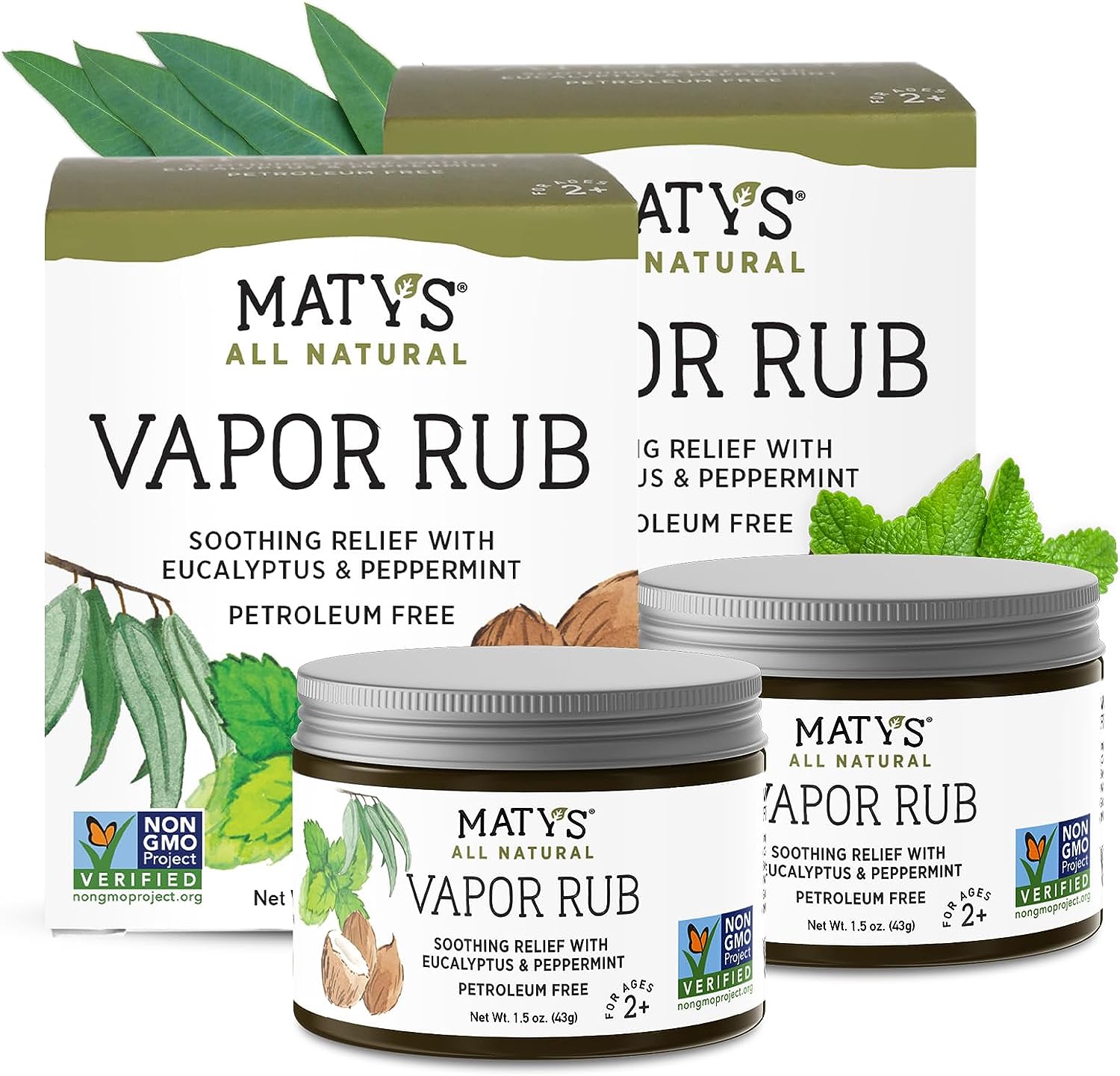 Matys Vapor Rub for Adults & Kids 2 Years +, Chest Rub to Relieve Cough, Congestion, & Stuffy Noses, Petroleum Free w/Eucalyptus, 2 Jars, 1.5oz Each