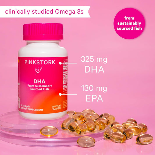 Pink Stork Prenatal Dha - 540 Mg Omega 3 Fish Oil Supplements With Dha And Epa, Pregnancy And Postpartum Essentials For Cognitive Health + Fetal Development - 60 Softgels - Packaging May Vary