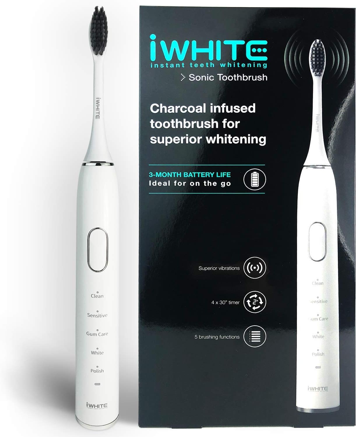 Iwhite Sonic Electric Toothbrush - Rechargeable Electric Toothbrush For Adults - 5 Modes With 40000 Vpm - One Charge Lasts For 3 Months - Charcoal Infused Bristles For Teeth Whitening - Usb Charger