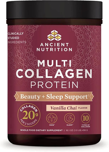 Ancient Nutrition Collagen Powder Protein, Multi Collagen Protein Beauty + Sleep With Vitamin C, Vanilla Chai, Hydrolyzed Collagen Peptides Supports Skin And Nails, Sleep, 16.1Oz