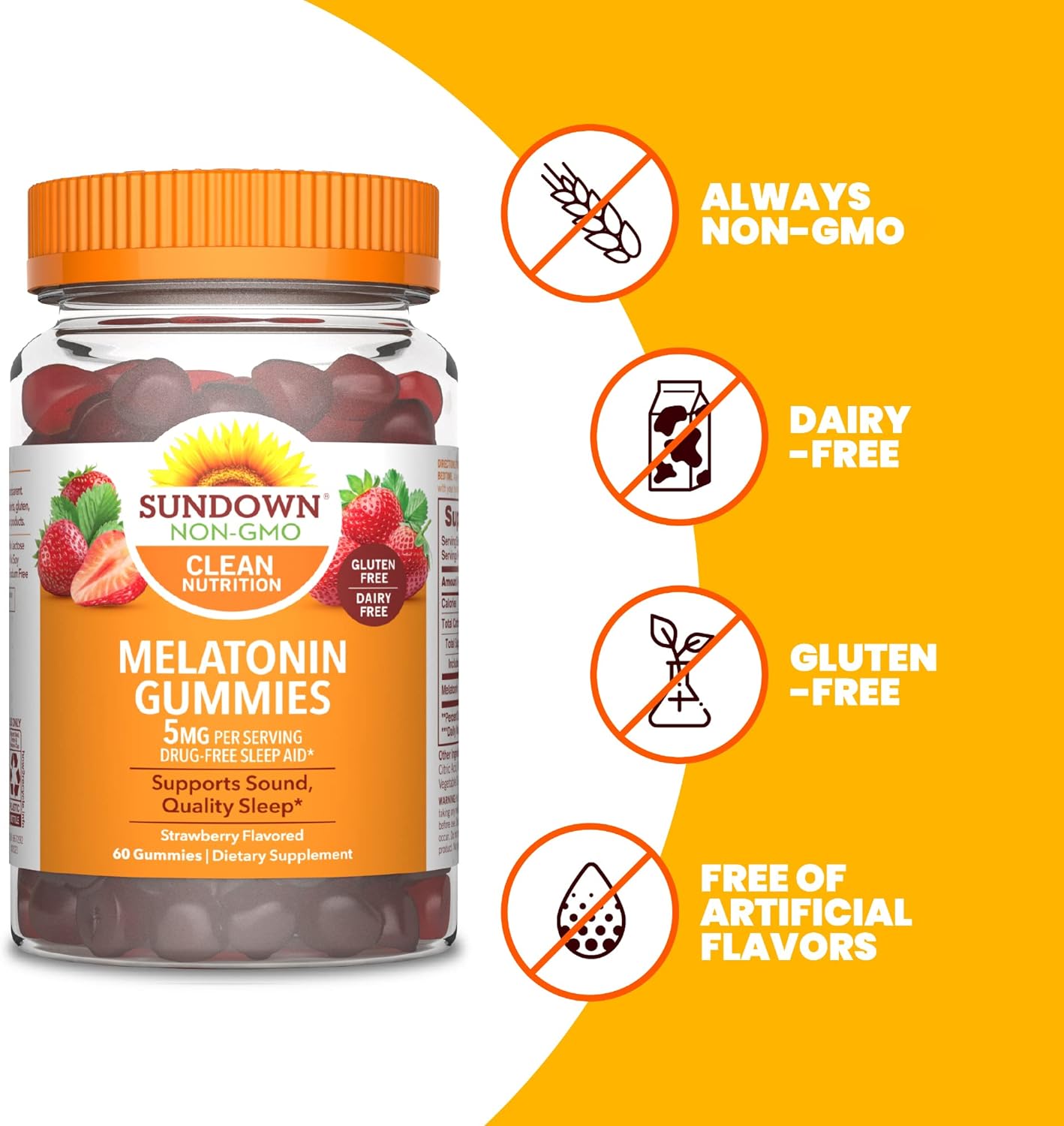 Sundown Melatonin 5mg Gummies for Sleep Support, Non-GMO, Dairy-Free, Gluten-Free, Natural Strawberry Flavor, 60 Count