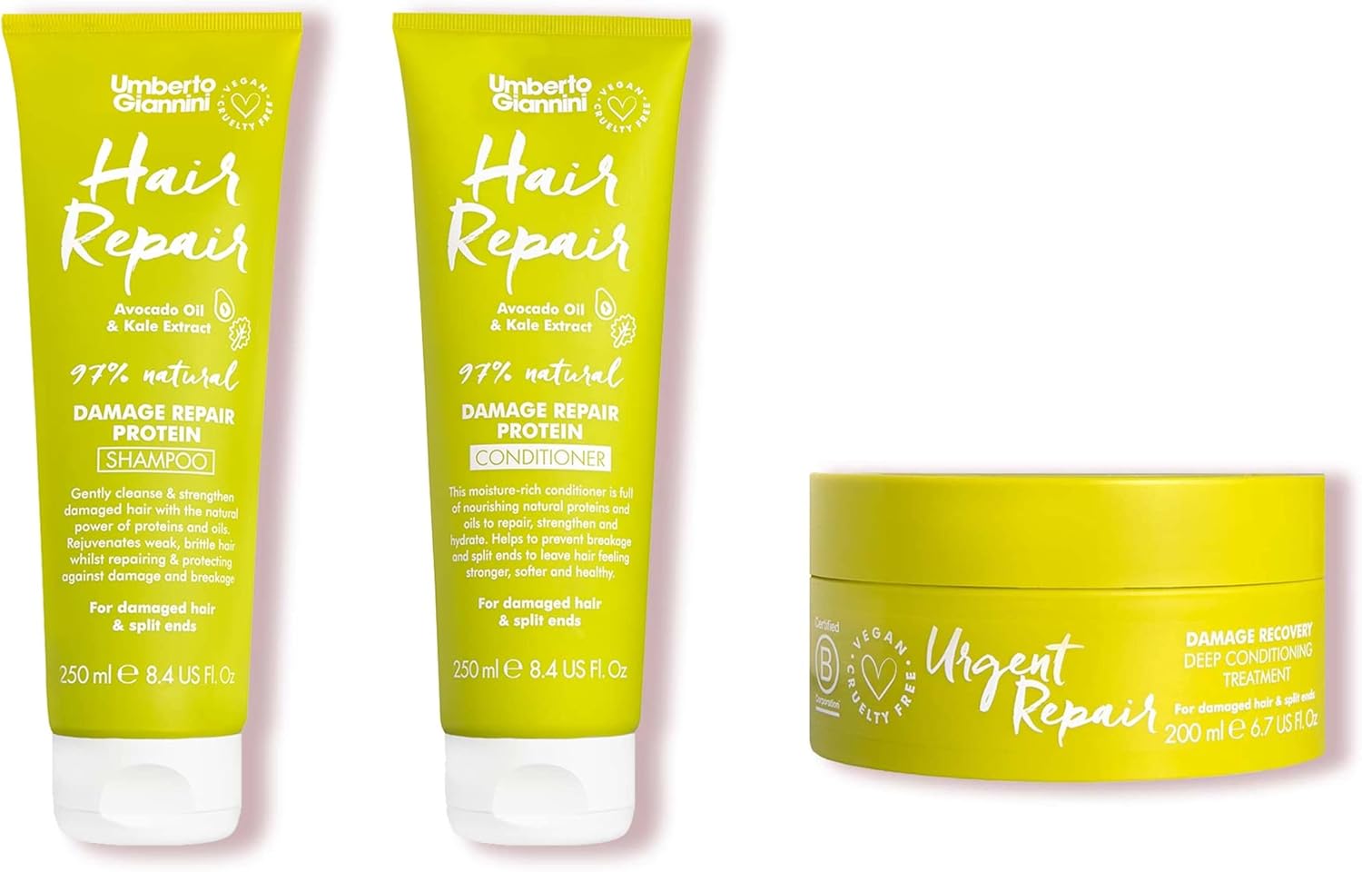 Umberto Giannini Damaged Hair Repair Routine - Shampoo, Conditioner and Urgent Repair Treatment Mask - Hair Kit For Dry & Split Hair - Vegan and Cruelty Free : Amazon.co.uk: Beauty