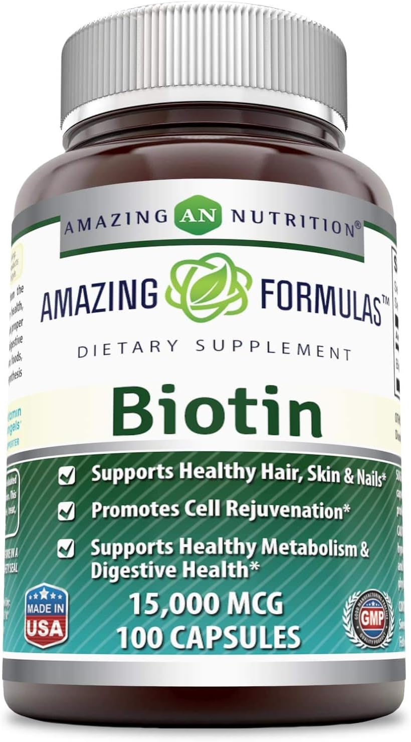 Amazing Formulas Biotin 15000 mcg - Supports Healthy Hair, Skin & Nails - Promotes Cell Rejuvenation - Supports Healthy Metabolism & Digestive Health (100 Capsules) (Non-GMO, Gluten-Free)