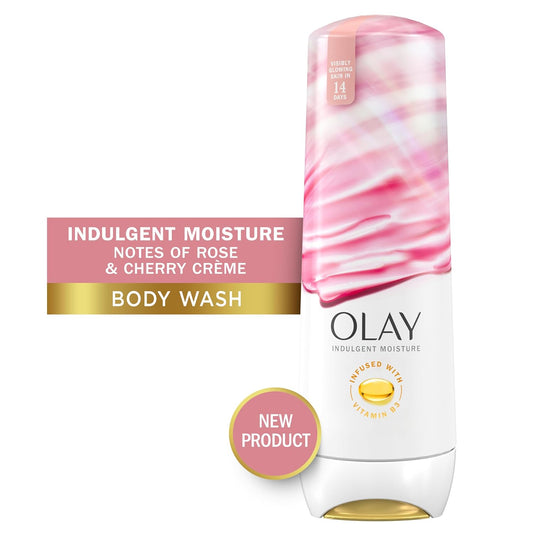 Olay Indulgent Moisture Body Wash For Women, Infused With Vitamin B3, 24Hr Moisture, Notes Of Rose And Cherry Creme Scent, 20 Fl Oz