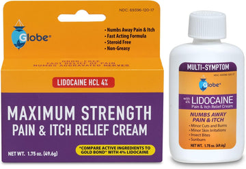 Globe Lidocaine 4% Multi-Symptom Relief Cream 1.75 Oz, Numbs Away Pain & Itch, Steroid Free Non-Greasy Formula (Compare To Gold Bond W/Lidocaine)