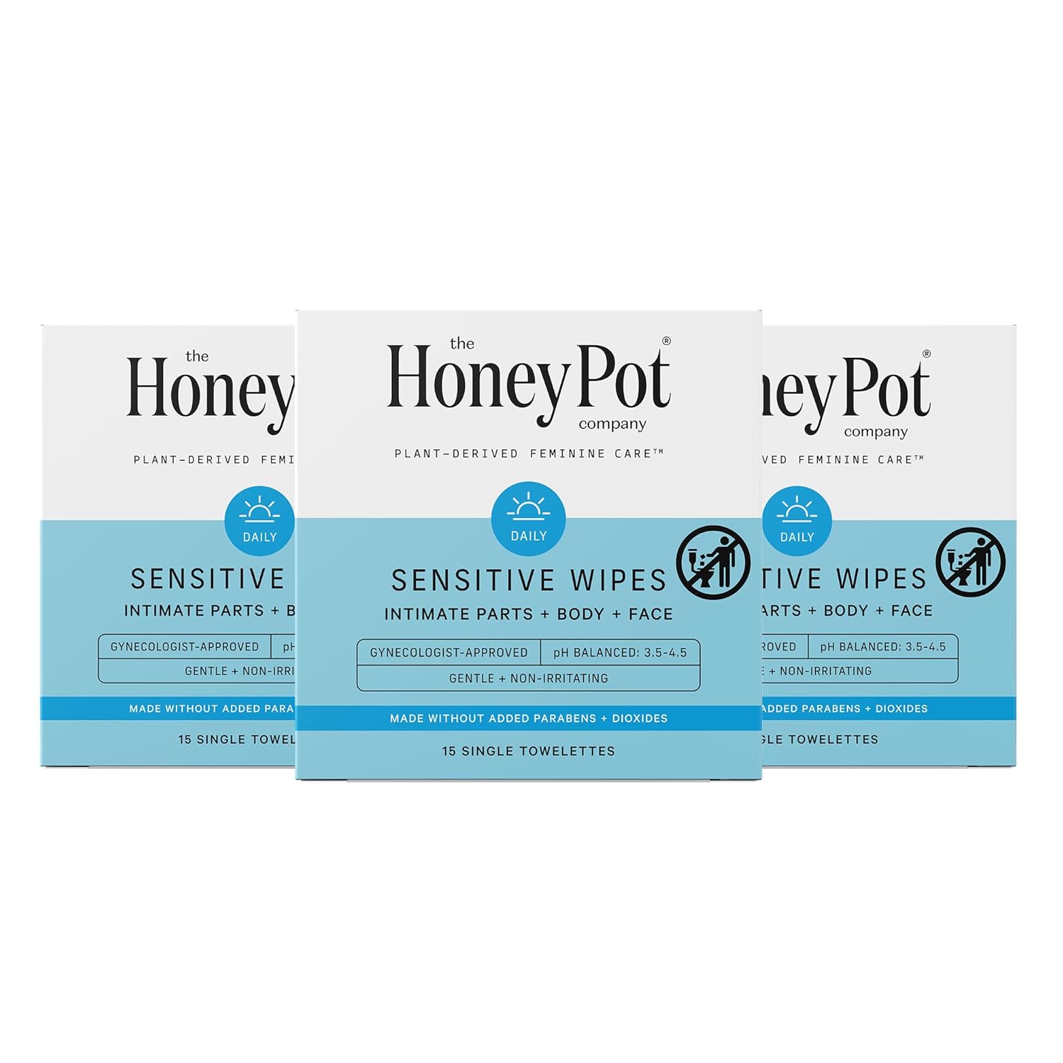 The Honey Pot Company - Feminine Wipes - Indivdually Wrapped - Daily Ph Balancing, Fragrance & Sulfate Free Wipes For Intimate Parts, Body, Or Face - Feminine Products - 15 Ct (Pack 3)