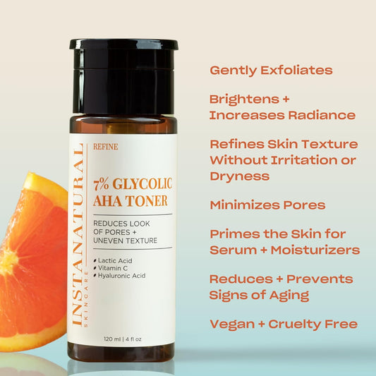 Instanatural 7% Glycolic Aha Face Toner | Gently Exfoliates, Brightens, Minimize Large Pores, Smooth Uneven Texture, (Vitamin C, Witch Hazel, Hyaluronic, Lactic & Alpha Hydroxy Acid), 4Oz