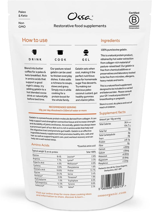 Ossa Bovine Gelatin Powder – 100% Natural, Pasture-Raised Beef Gelatine | Unflavoured Protein Powder With Collagen & Amino Acids | Keto, Paleo & Gut Health Support | 400G