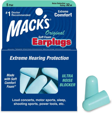 Mack's Original Soft Foam Earplugs, 5 Pair - 32dB Highest NRR, Comfortable Ear Plugs for Sleeping, Snoring, Work, Travel & Loud Events | Made in USA
