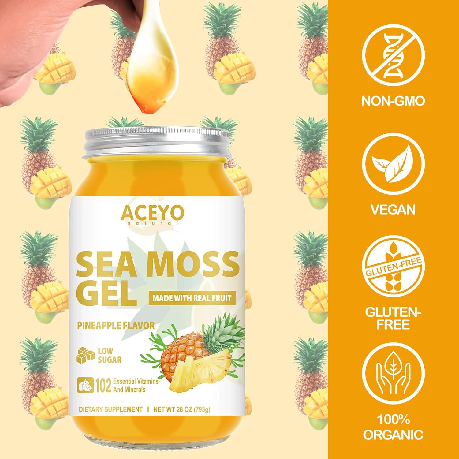 (28 Oz) Sea Moss Gel Organic Raw Flavored Irish Seamoss Gel Natural Vegan Pineapple 102 Vitamins And Minerals Wild Harvested Non-Gmo Immune Defense Booster Thyroid Digestive Support Supplement