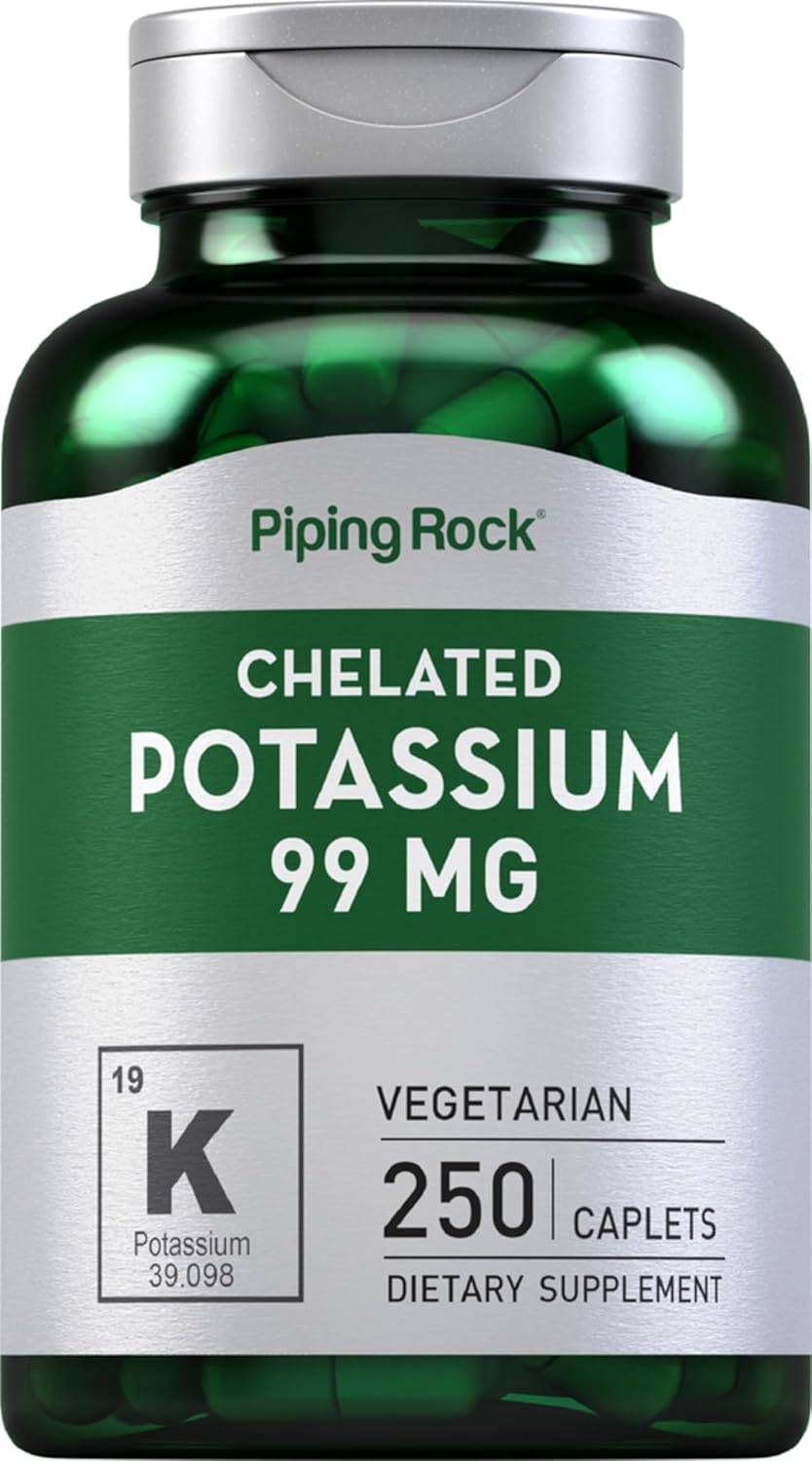 Chelated Potassium Supplement 99 Mg | 250 Caplets | Potassium Gluconate | Vegetarian, Non-Gmo, Gluten Free | By Piping Rock