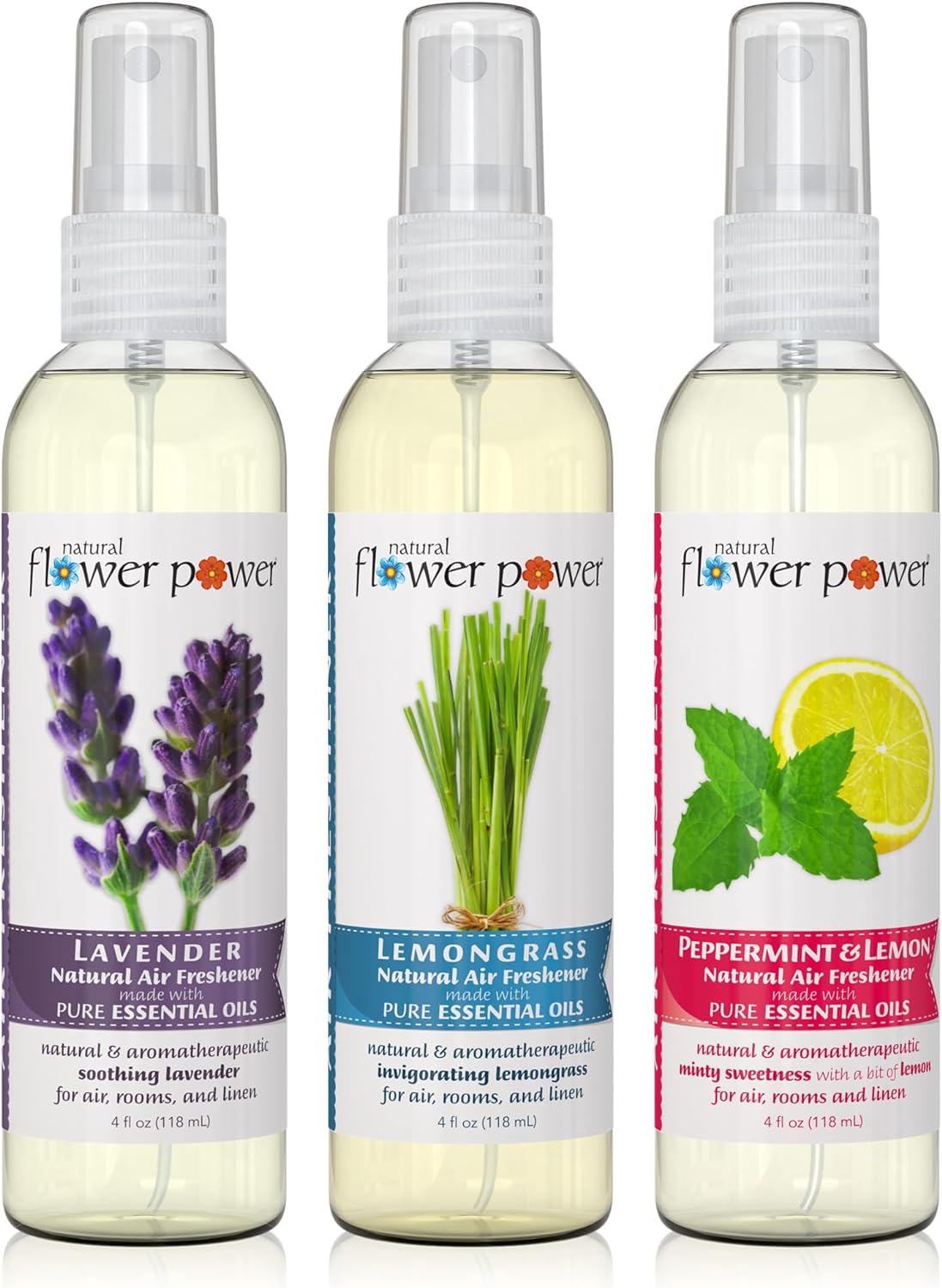 Air Freshener Spray | Lavender, Lemongrass, Peppermint & Lemon | 4 Fl Oz | Pack of 3 | Scented w/Pure Essential Oils | Plant-Based Odor Eliminator | Room, Linen, or Car Spray