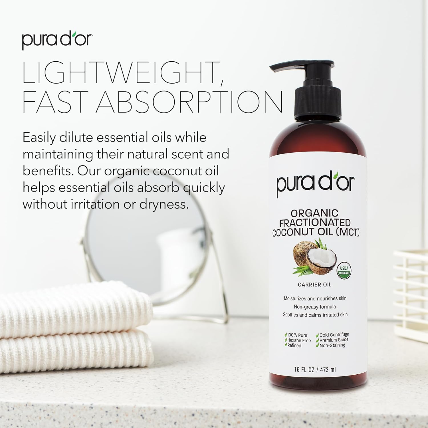 PURA D'OR 16 Oz ORGANIC Fractionated Coconut Oil - MCT Oil - 100% Pure & Natural USDA Certified Cold Pressed Carrier Oil - Unscented, Hexane Free Moisturizer For Face, Skin & Hair Tonic - Men & Women : Health & Household